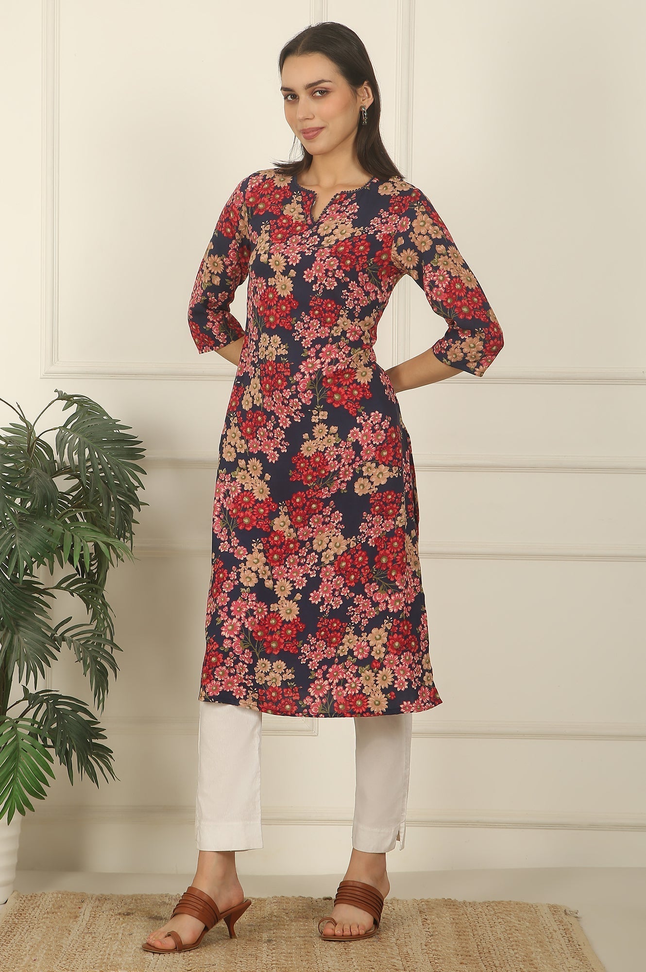 W for Woman Navy Blue Floral Printed Textured Cotton Straight Summer Kurta