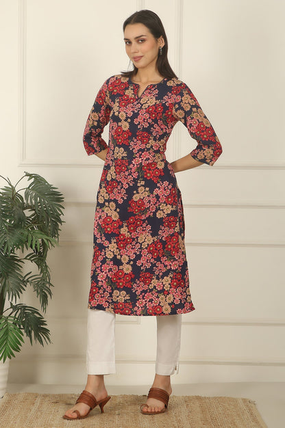 W for Woman Navy Blue Floral Printed Textured Cotton Straight Summer Kurta