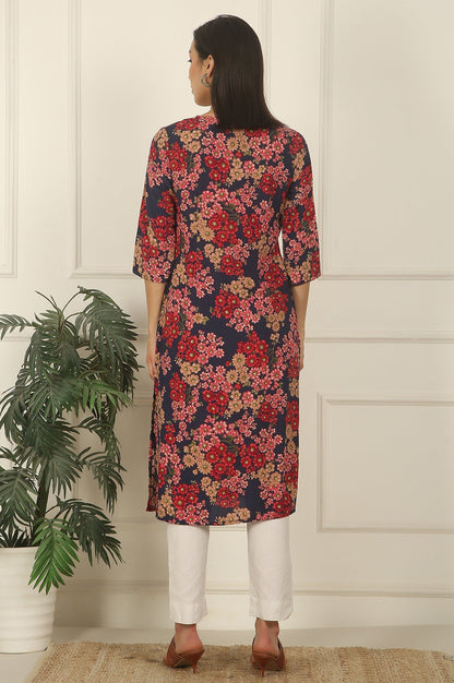 W for Woman Navy Blue Floral Printed Textured Cotton Straight Summer Kurta