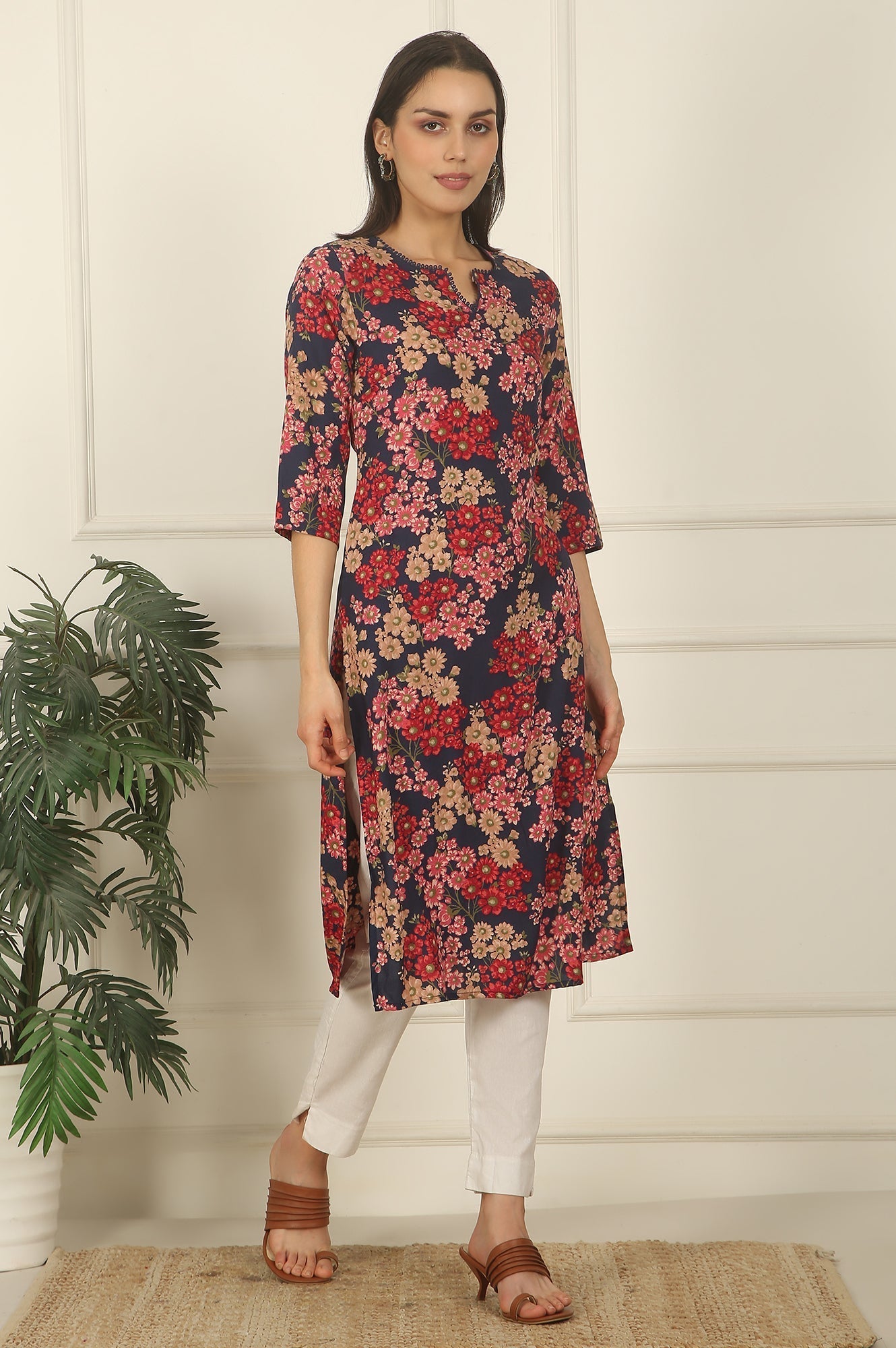 W for Woman Navy Blue Floral Printed Textured Cotton Straight Summer Kurta