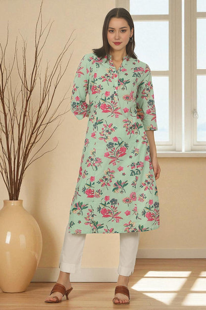 W for Woman Mint Green Floral Printed Cotton Straight Kurta