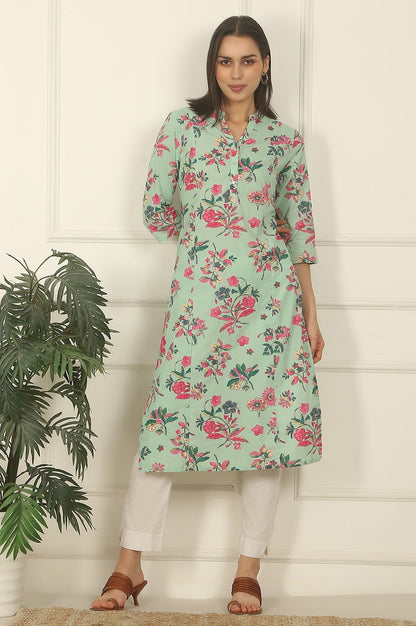 W for Woman Mint Green Floral Printed Cotton Straight Kurta