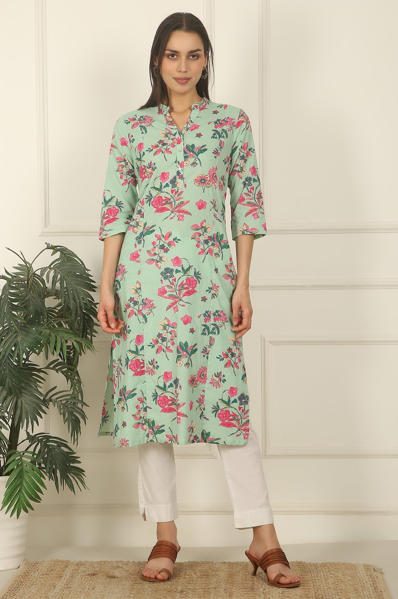 W for Woman Mint Green Floral Printed Cotton Straight Kurta