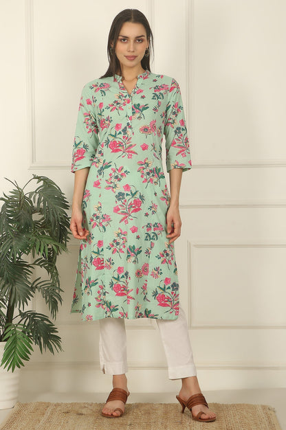 W for Woman Mint Green Floral Printed Cotton Straight Kurta