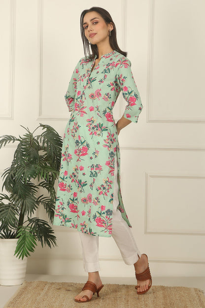 W for Woman Mint Green Floral Printed Cotton Straight Kurta