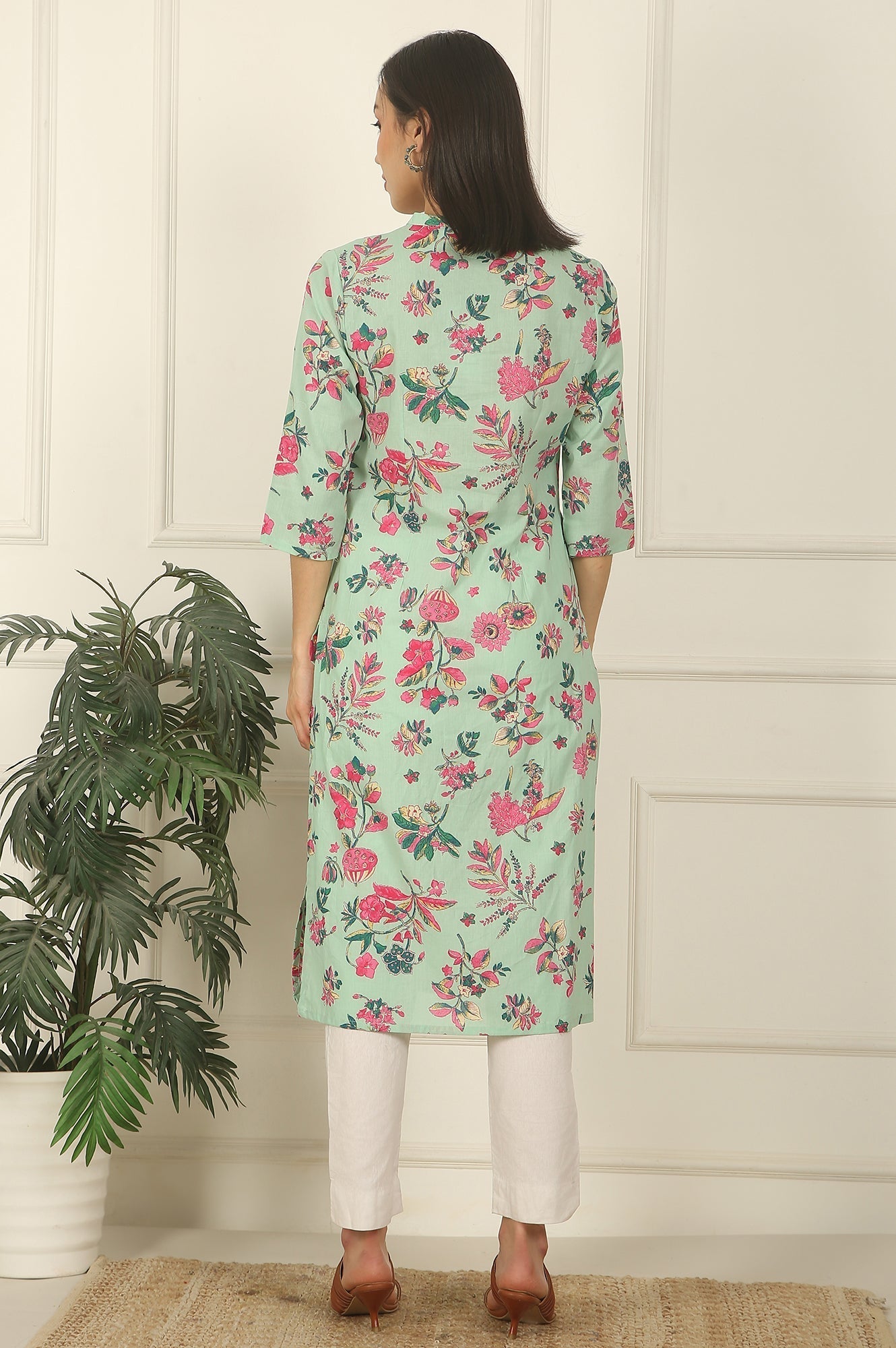 W for Woman Mint Green Floral Printed Cotton Straight Kurta