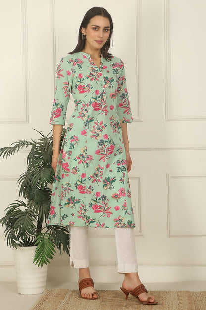 W for Woman Mint Green Floral Printed Cotton Straight Kurta