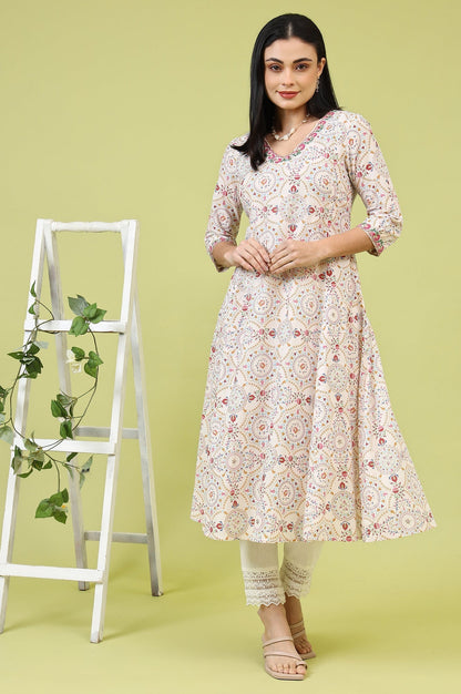 W for Woman Off-White Geometric Floral Printed Pure Cotton Flared Kurta