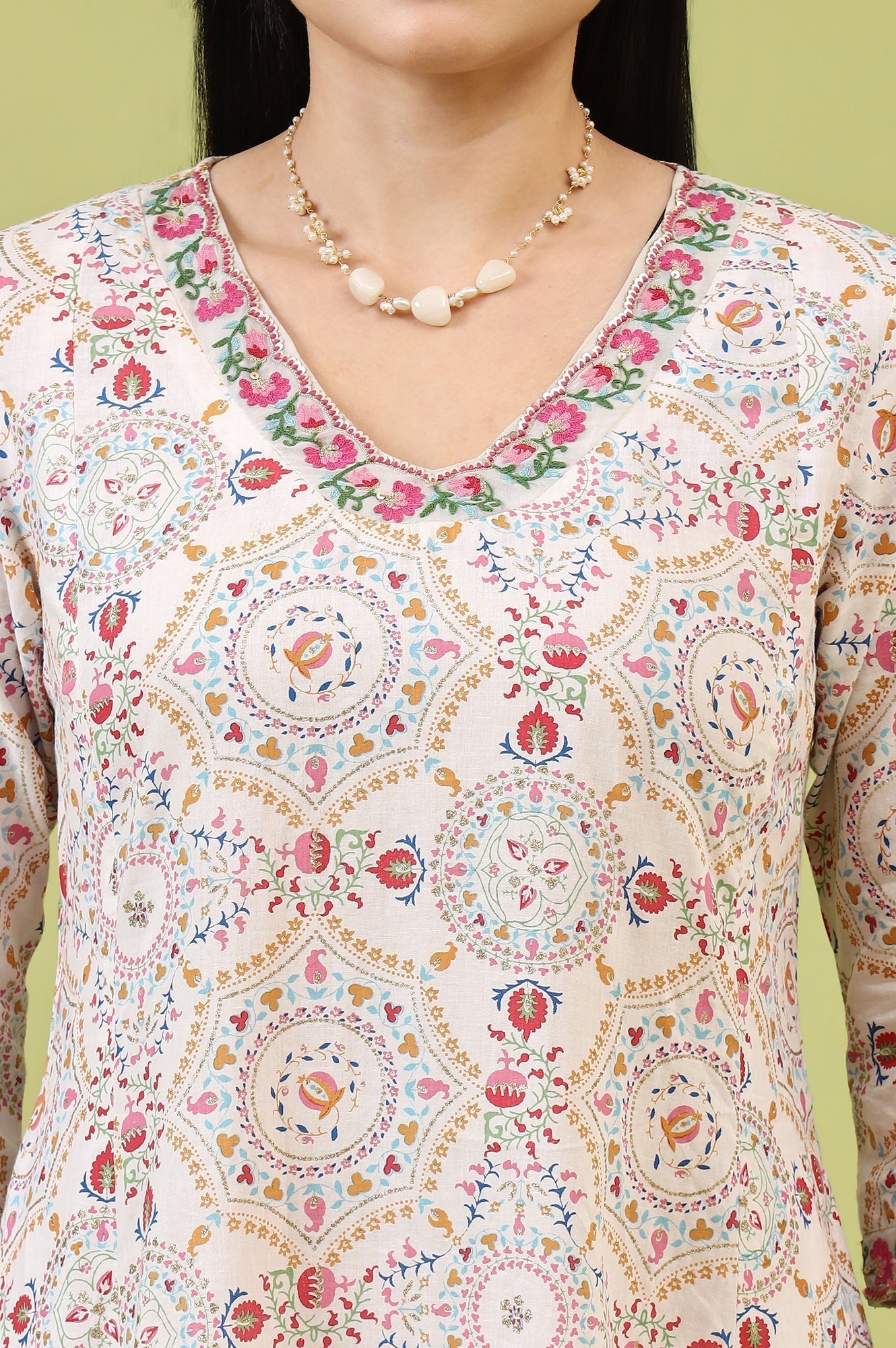 W for Woman Off-White Geometric Floral Printed Pure Cotton Flared Kurta