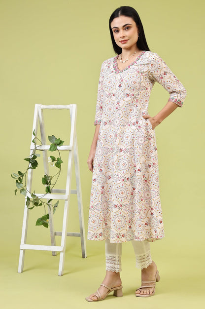 W for Woman Off-White Geometric Floral Printed Pure Cotton Flared Kurta