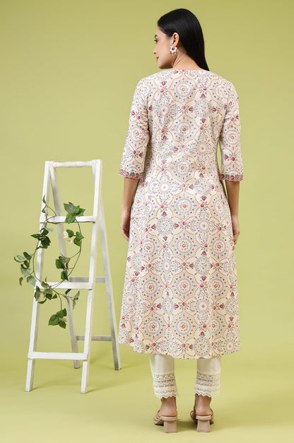 W for Woman Off-White Geometric Floral Printed Pure Cotton Flared Kurta