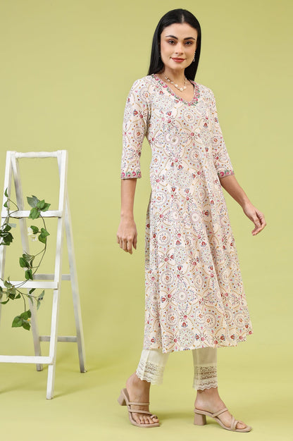 W for Woman Off-White Geometric Floral Printed Pure Cotton Flared Kurta