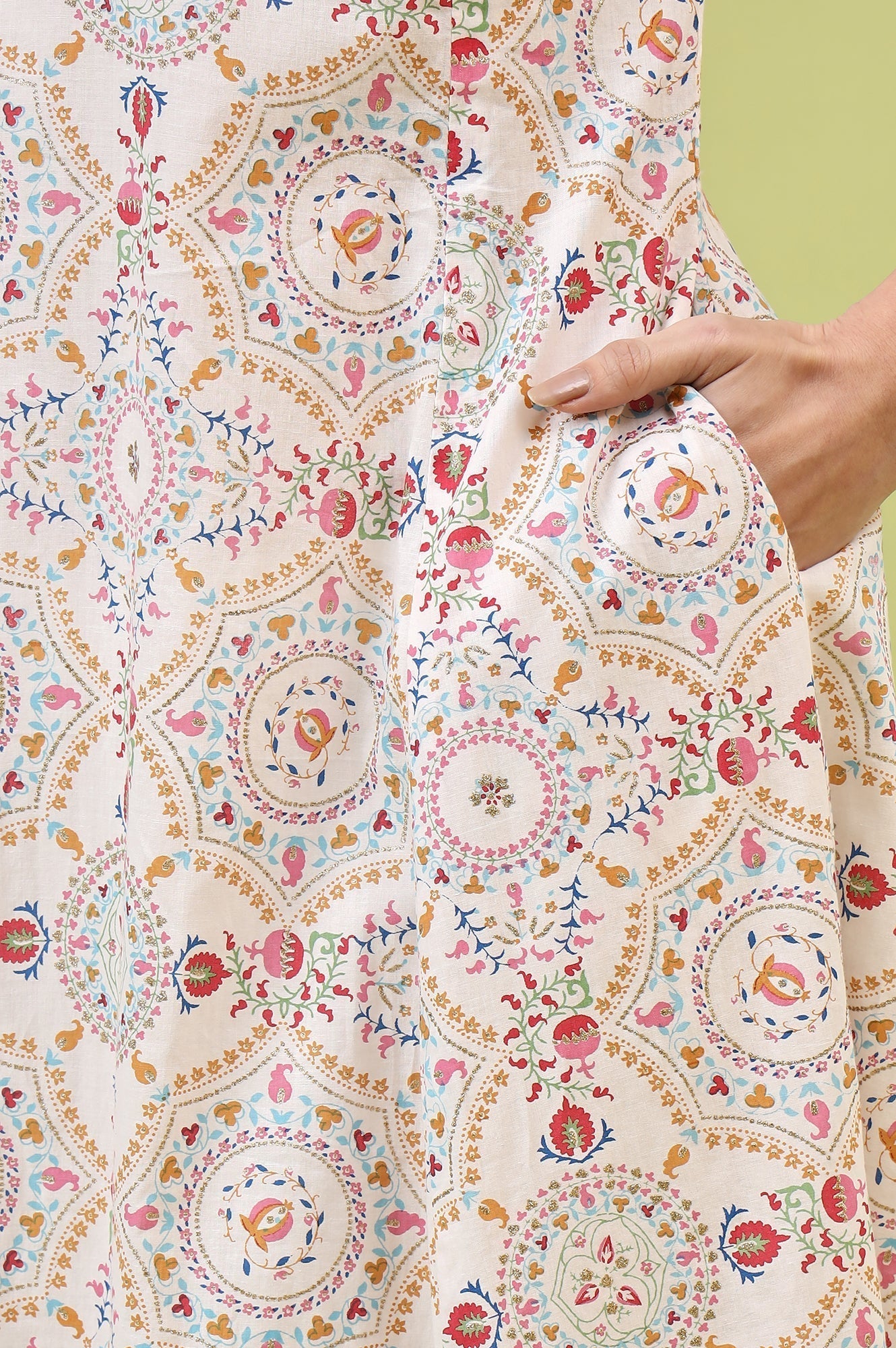 W for Woman Off-White Geometric Floral Printed Pure Cotton Flared Kurta