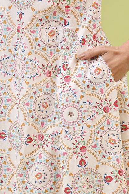 W for Woman Off-White Geometric Floral Printed Pure Cotton Flared Kurta