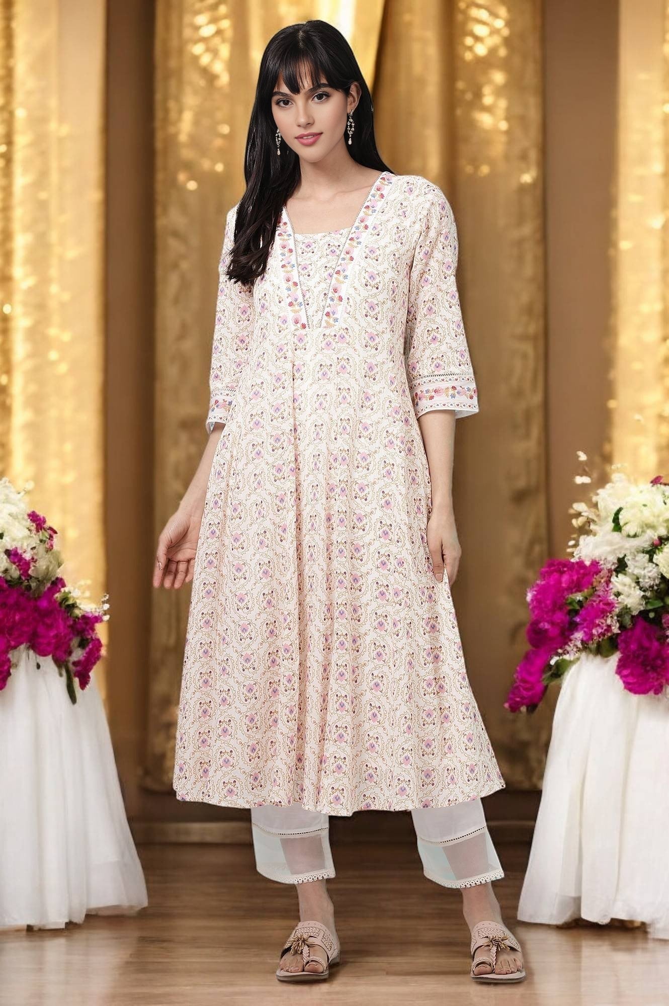 W for Woman White Floral Printed Pure Cotton A-line Kurta with Embroidery