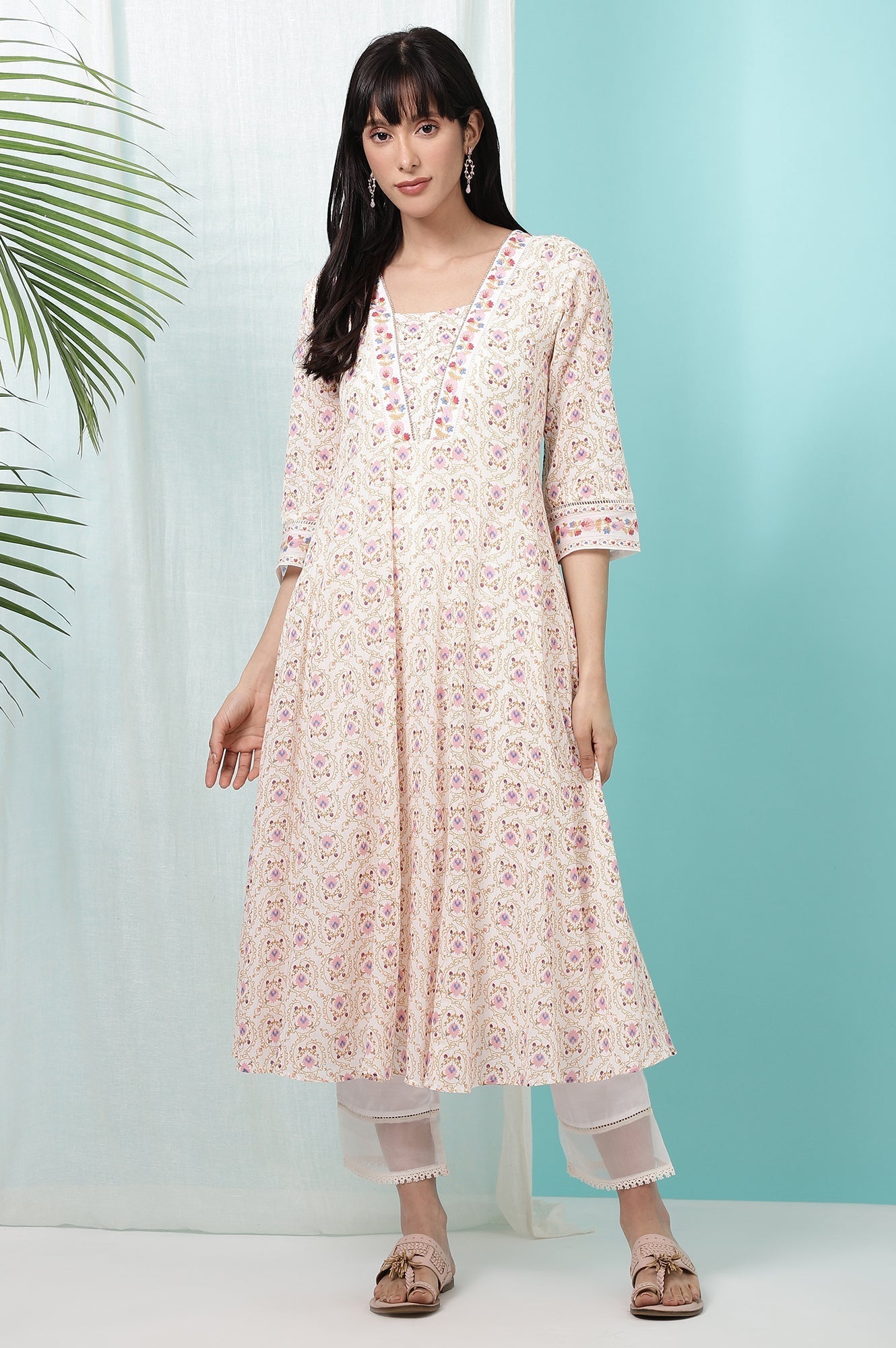 W for Woman White Floral Printed Pure Cotton A-line Kurta with Embroidery
