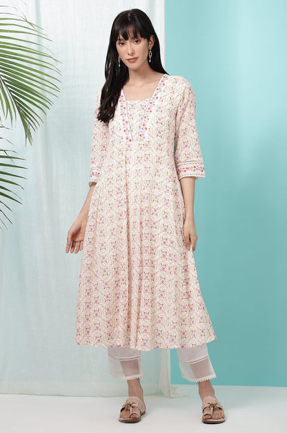 W for Woman White Floral Printed Pure Cotton A-line Kurta with Embroidery