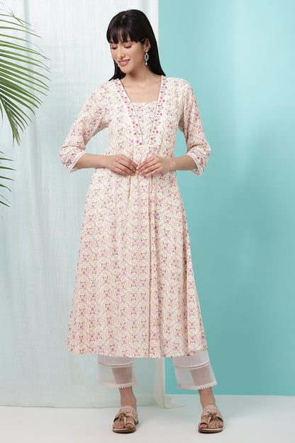 W for Woman White Floral Printed Pure Cotton A-line Kurta with Embroidery