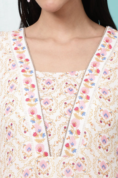W for Woman White Floral Printed Pure Cotton A-line Kurta with Embroidery