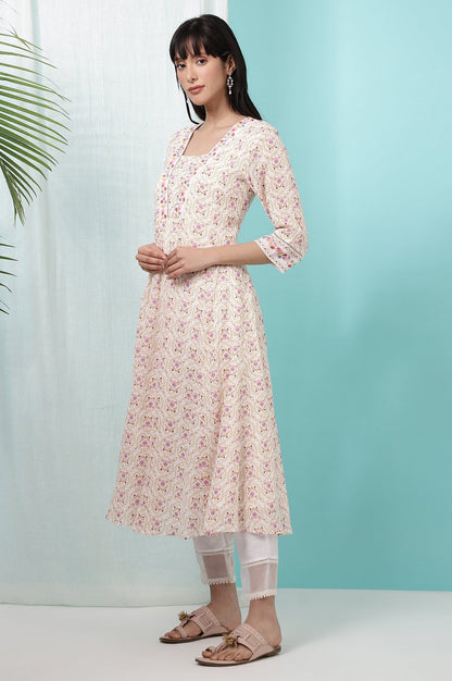 W for Woman White Floral Printed Pure Cotton A-line Kurta with Embroidery
