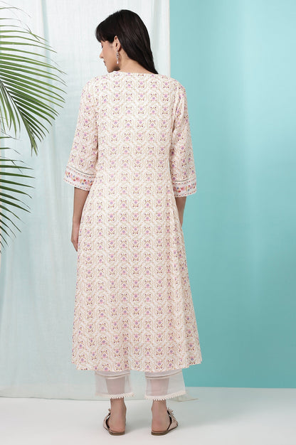 W for Woman White Floral Printed Pure Cotton A-line Kurta with Embroidery