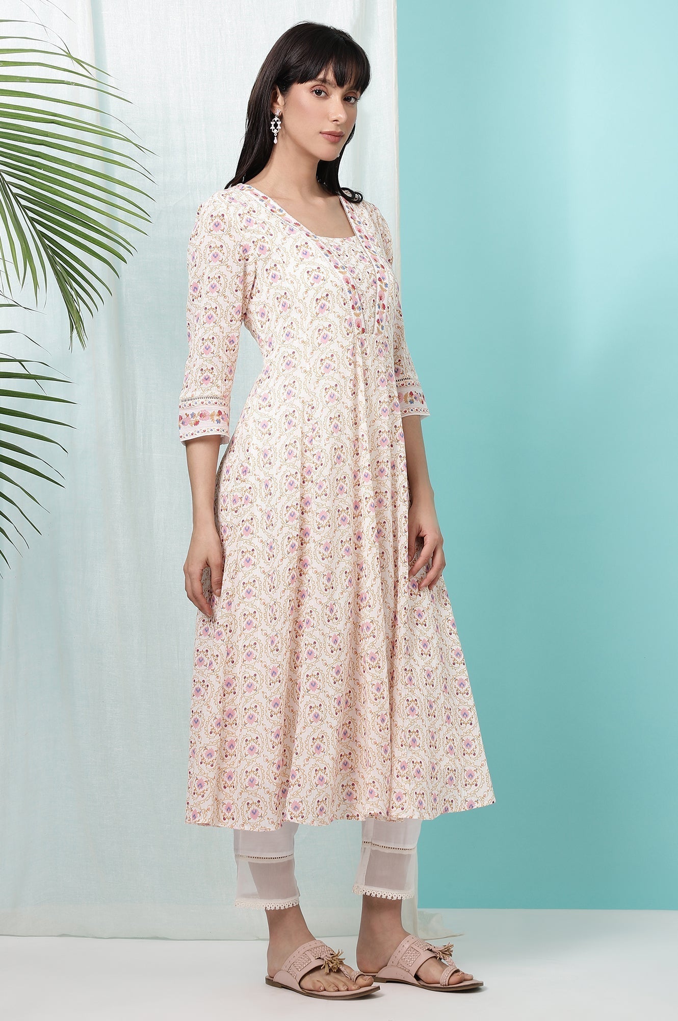 W for Woman White Floral Printed Pure Cotton A-line Kurta with Embroidery