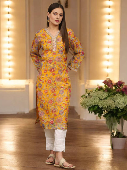 W for Woman Yellow Floral Printed Straight Kota Kurta