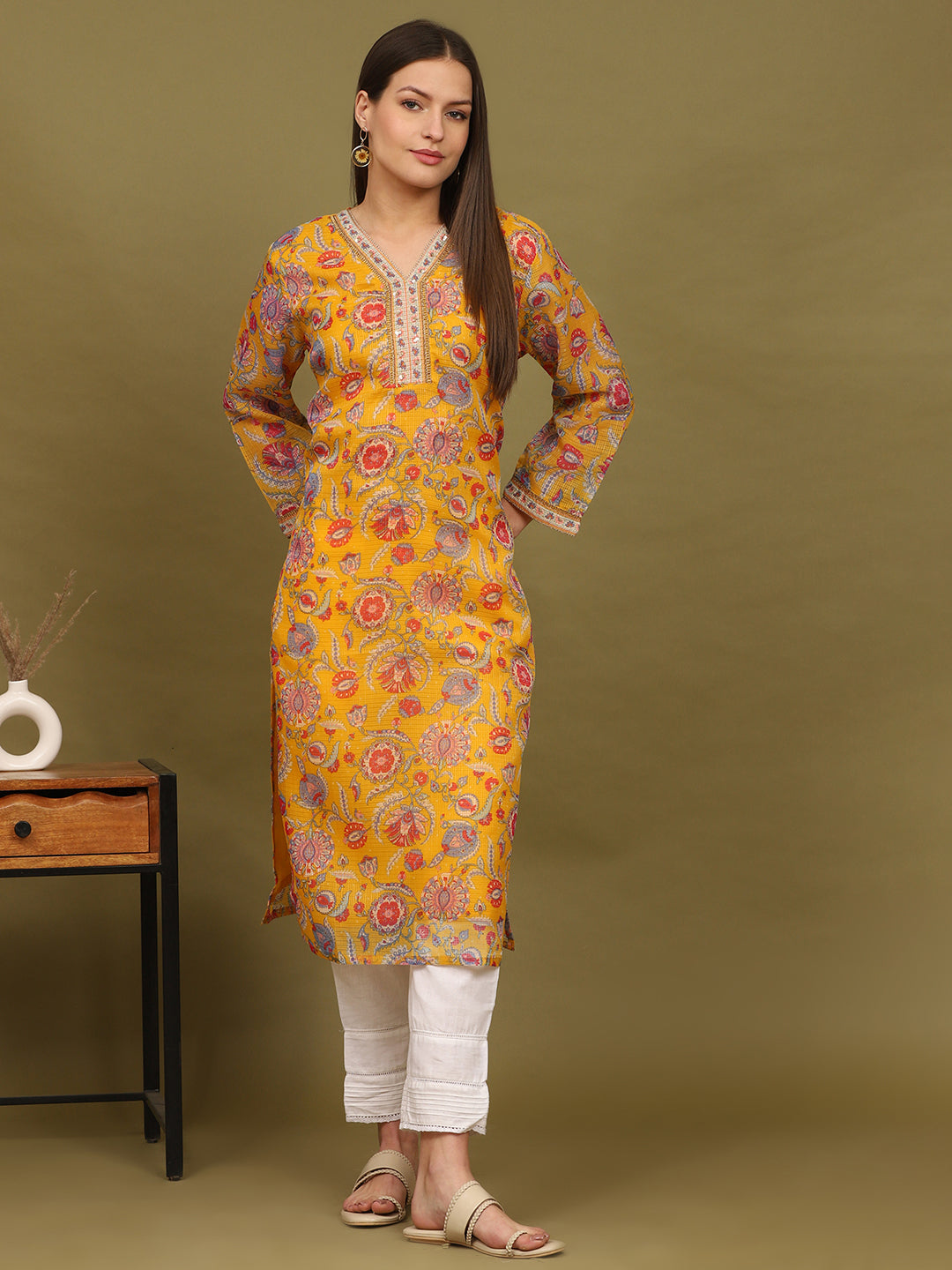 W for Woman Yellow Floral Printed Straight Kota Kurta