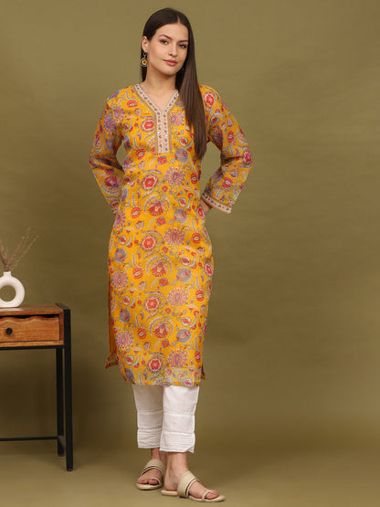 W for Woman Yellow Floral Printed Straight Kota Kurta