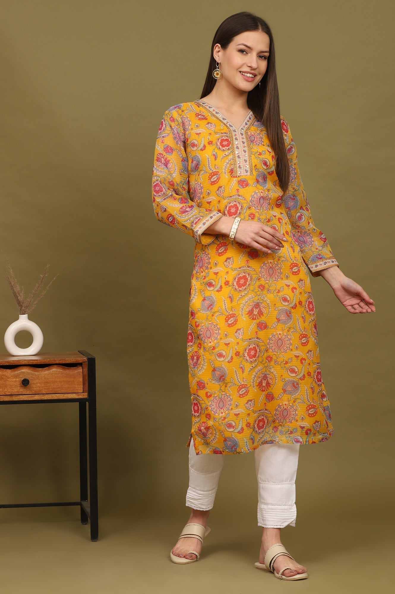 W for Woman Yellow Floral Printed Straight Kota Kurta