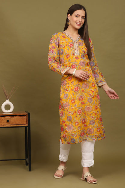 W for Woman Yellow Floral Printed Straight Kota Kurta
