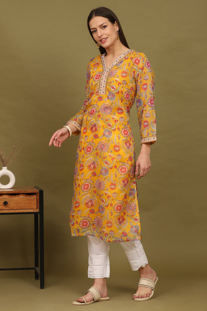W for Woman Yellow Floral Printed Straight Kota Kurta