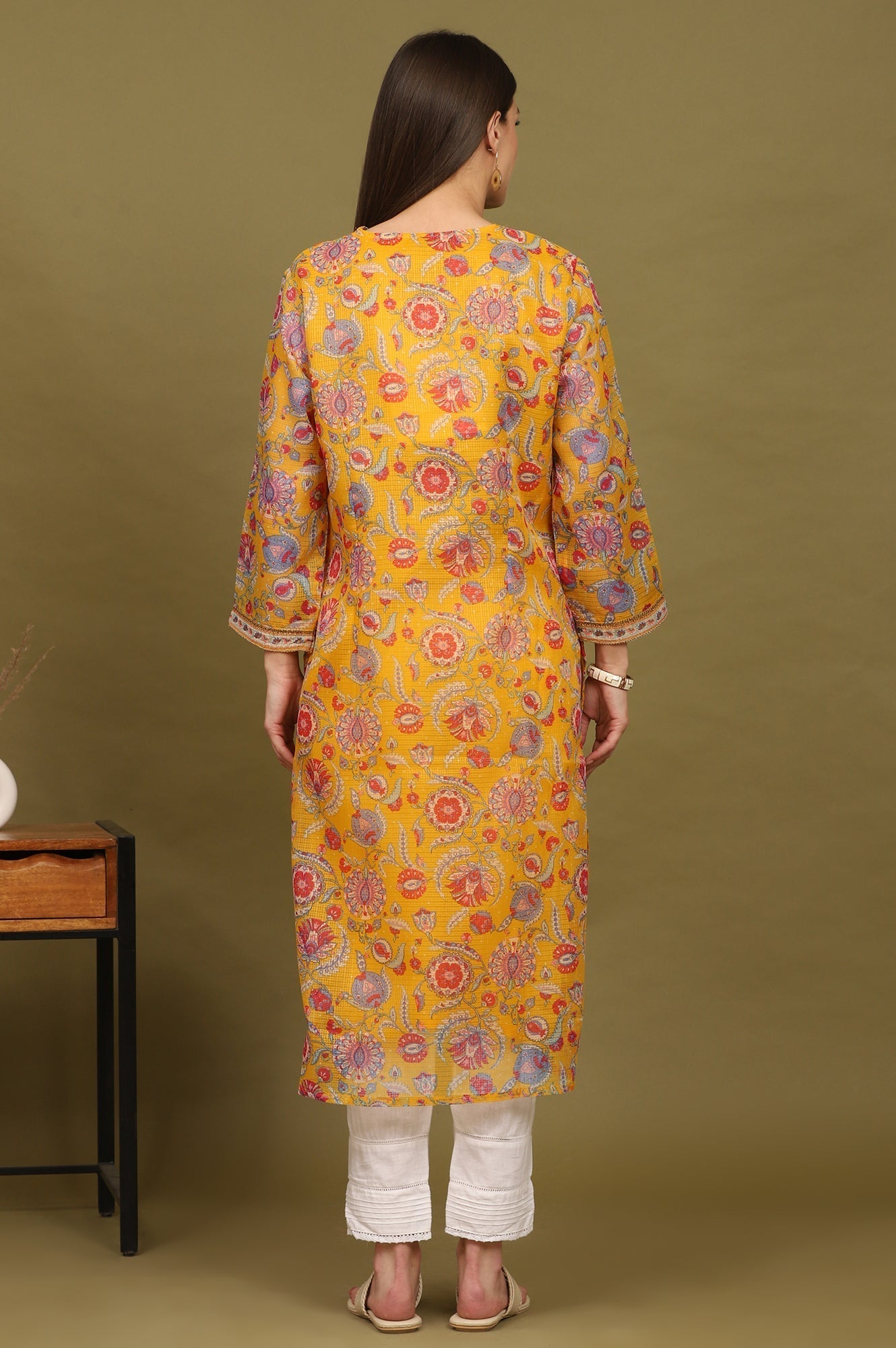 W for Woman Yellow Floral Printed Straight Kota Kurta