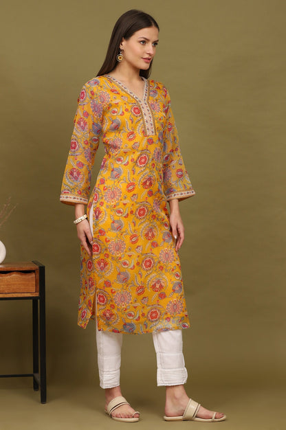 W for Woman Yellow Floral Printed Straight Kota Kurta