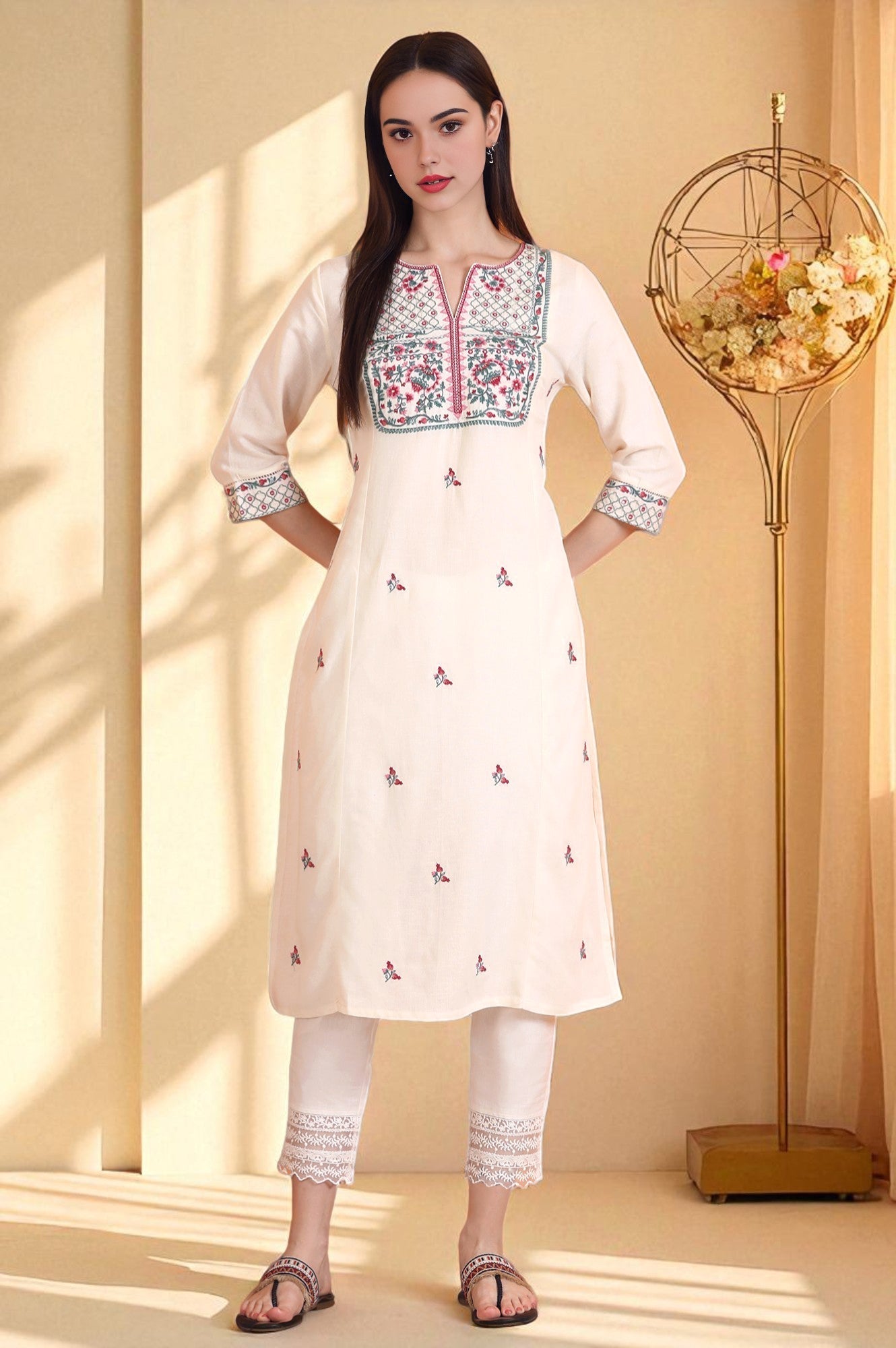 W for Woman Off-White Embroidered Yoke Rayon Flax Straight Kurta
