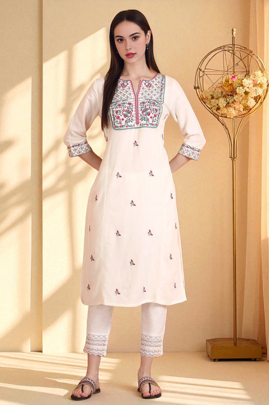 W for Woman Off-White Embroidered Yoke Rayon Flax Straight Kurta