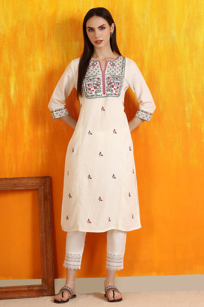 W for Woman Off-White Embroidered Yoke Rayon Flax Straight Kurta