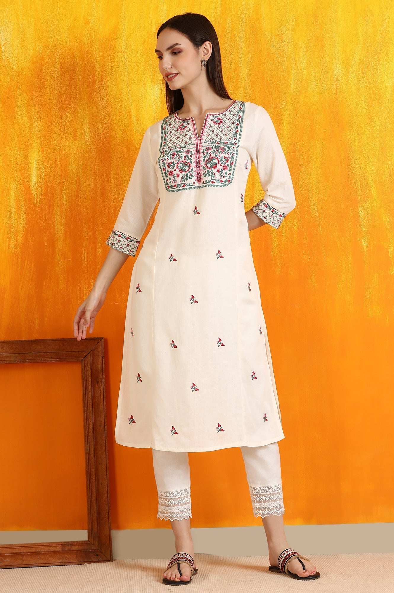 W for Woman Off-White Embroidered Yoke Rayon Flax Straight Kurta