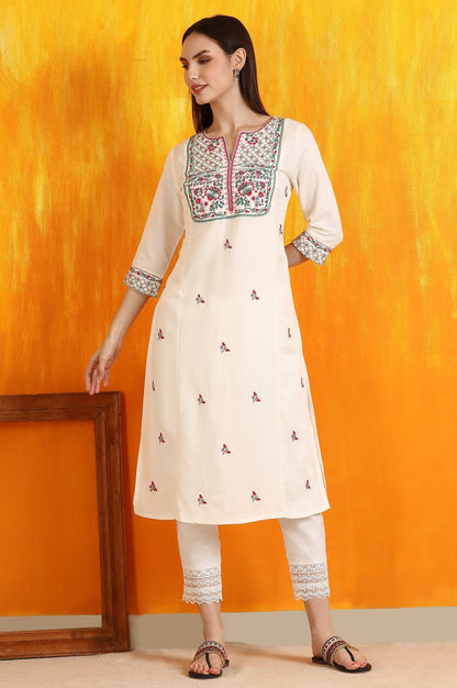 W for Woman Off-White Embroidered Yoke Rayon Flax Straight Kurta