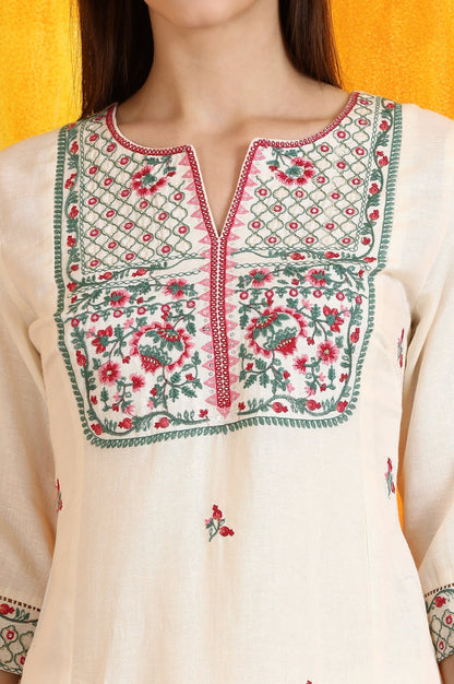 W for Woman Off-White Embroidered Yoke Rayon Flax Straight Kurta