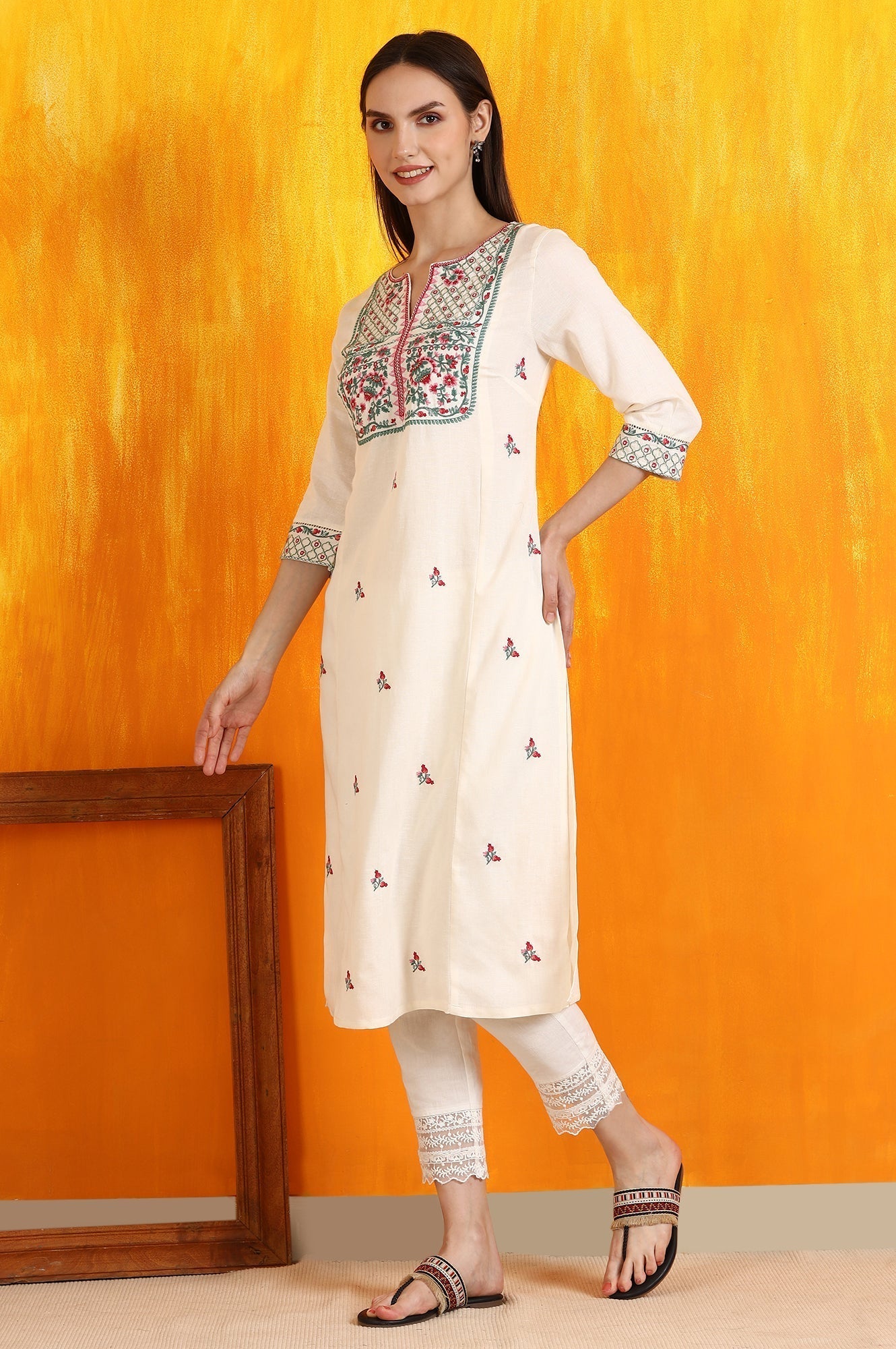 W for Woman Off-White Embroidered Yoke Rayon Flax Straight Kurta