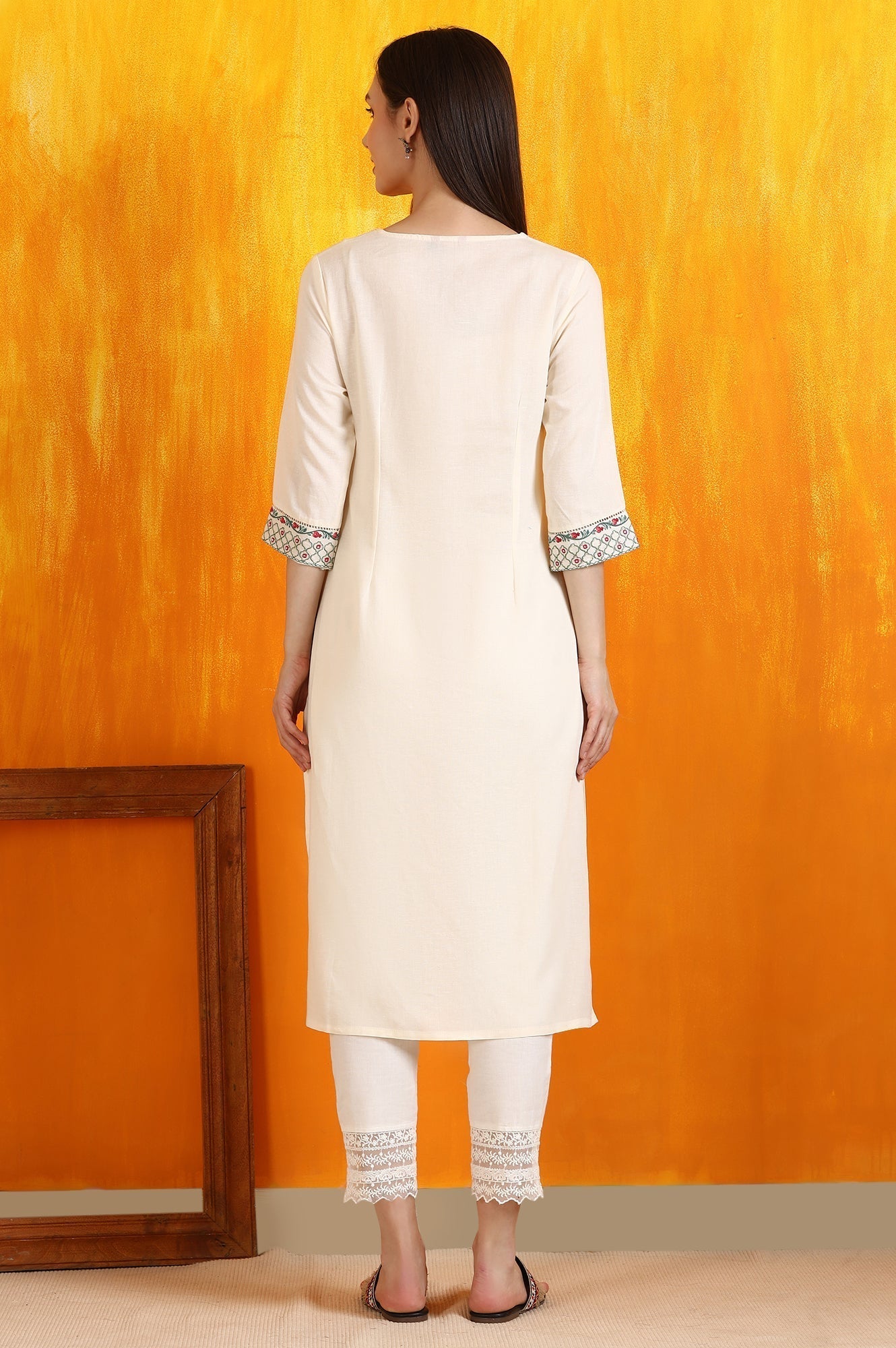 W for Woman Off-White Embroidered Yoke Rayon Flax Straight Kurta