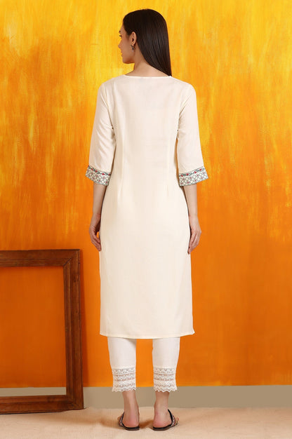 W for Woman Off-White Embroidered Yoke Rayon Flax Straight Kurta