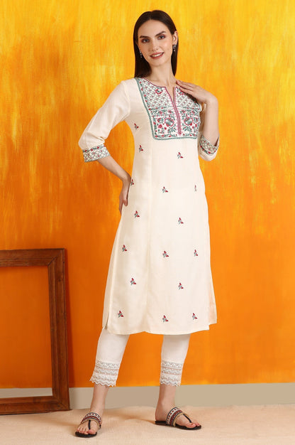 W for Woman Off-White Embroidered Yoke Rayon Flax Straight Kurta