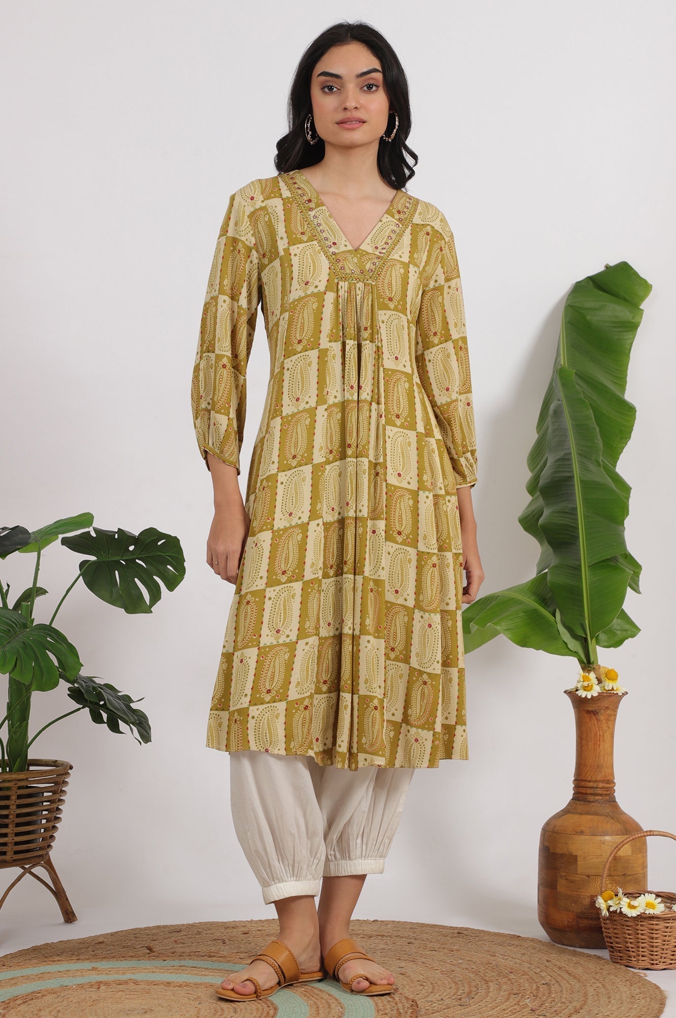 W for Woman Green Paisley Printed Cotton Crepe Gathered Kurta with Mirror Embroidery