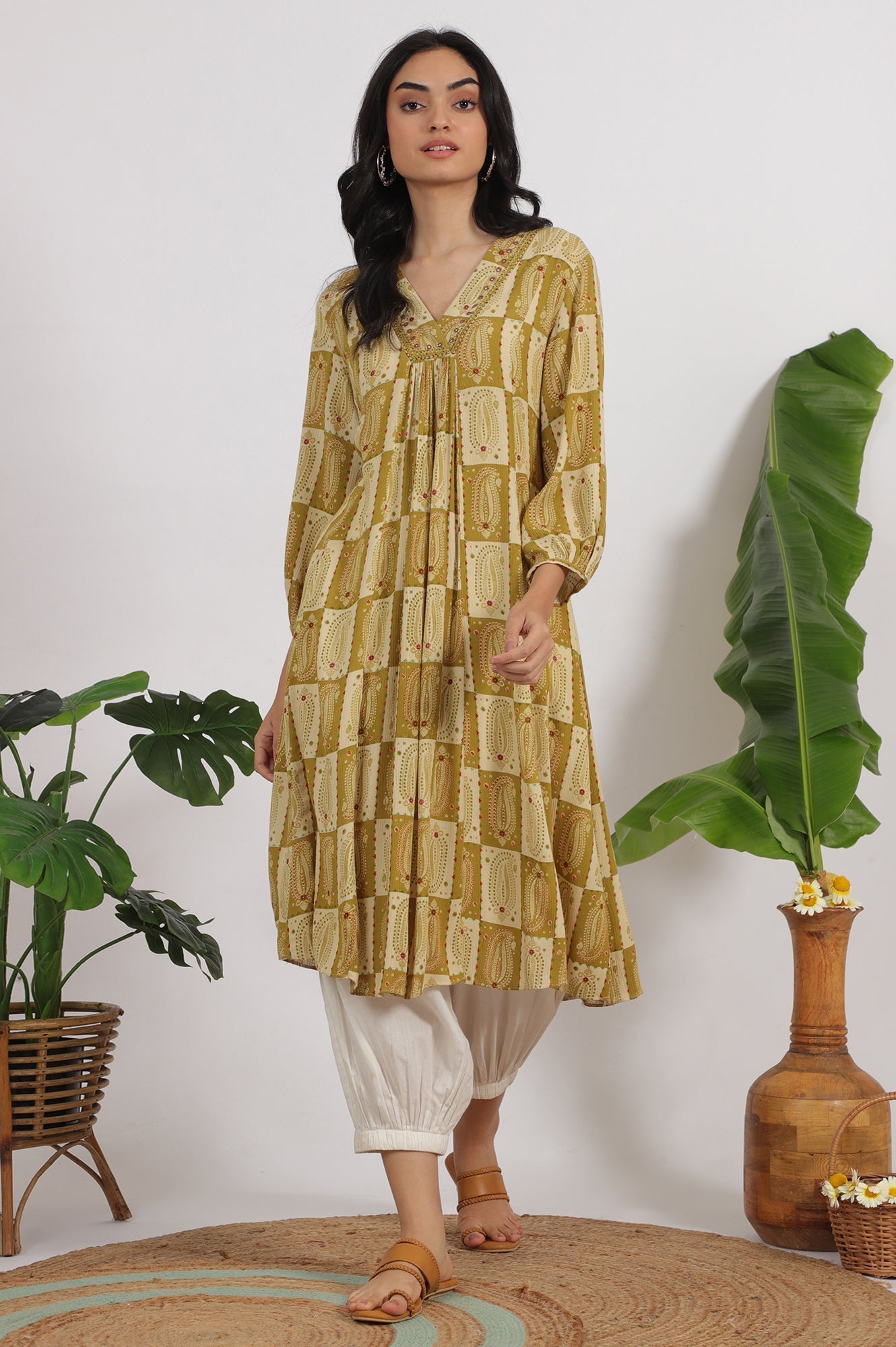 W for Woman Green Paisley Printed Cotton Crepe Gathered Kurta with Mirror Embroidery