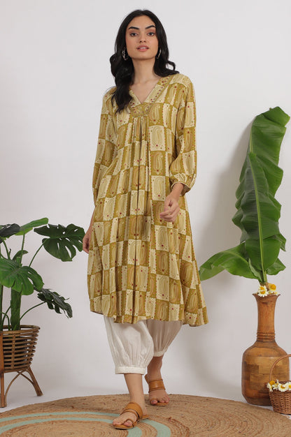 W for Woman Green Paisley Printed Cotton Crepe Gathered Kurta with Mirror Embroidery