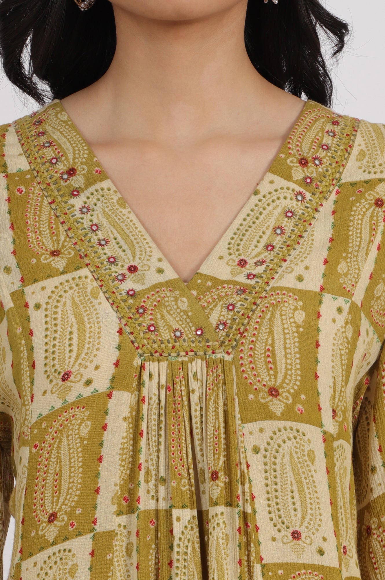 W for Woman Green Paisley Printed Cotton Crepe Gathered Kurta with Mirror Embroidery