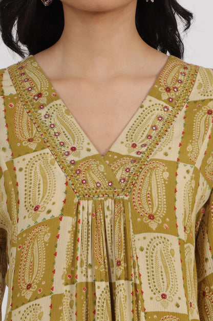 W for Woman Green Paisley Printed Cotton Crepe Gathered Kurta with Mirror Embroidery