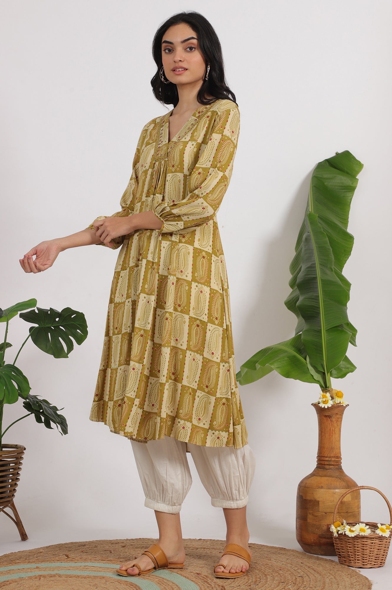 W for Woman Green Paisley Printed Cotton Crepe Gathered Kurta with Mirror Embroidery